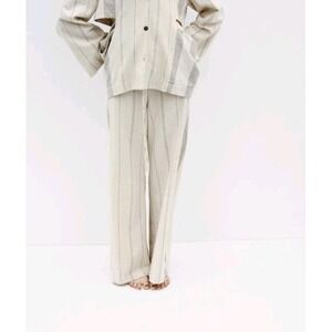 Zara Cotton Linen Blend Low Rise Pull On Striped Pants Beige Size L NWOT